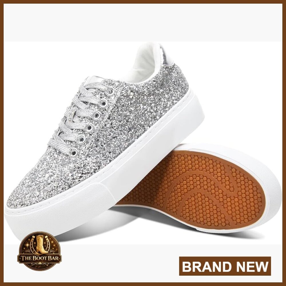 Platform Sneakers with Glitter Sequin Design Thick Sole Comfortable Walking